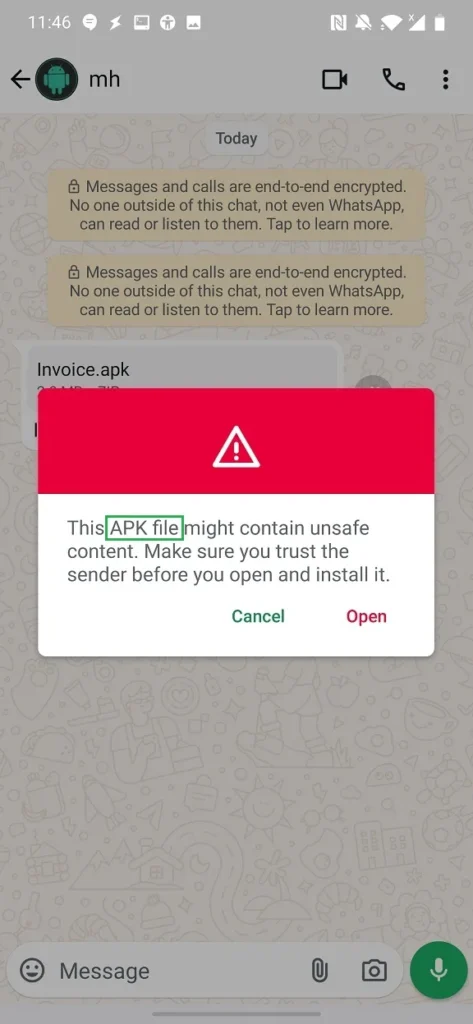 Figura 3. O WhatsApp reconhece a extensão APK do arquivo