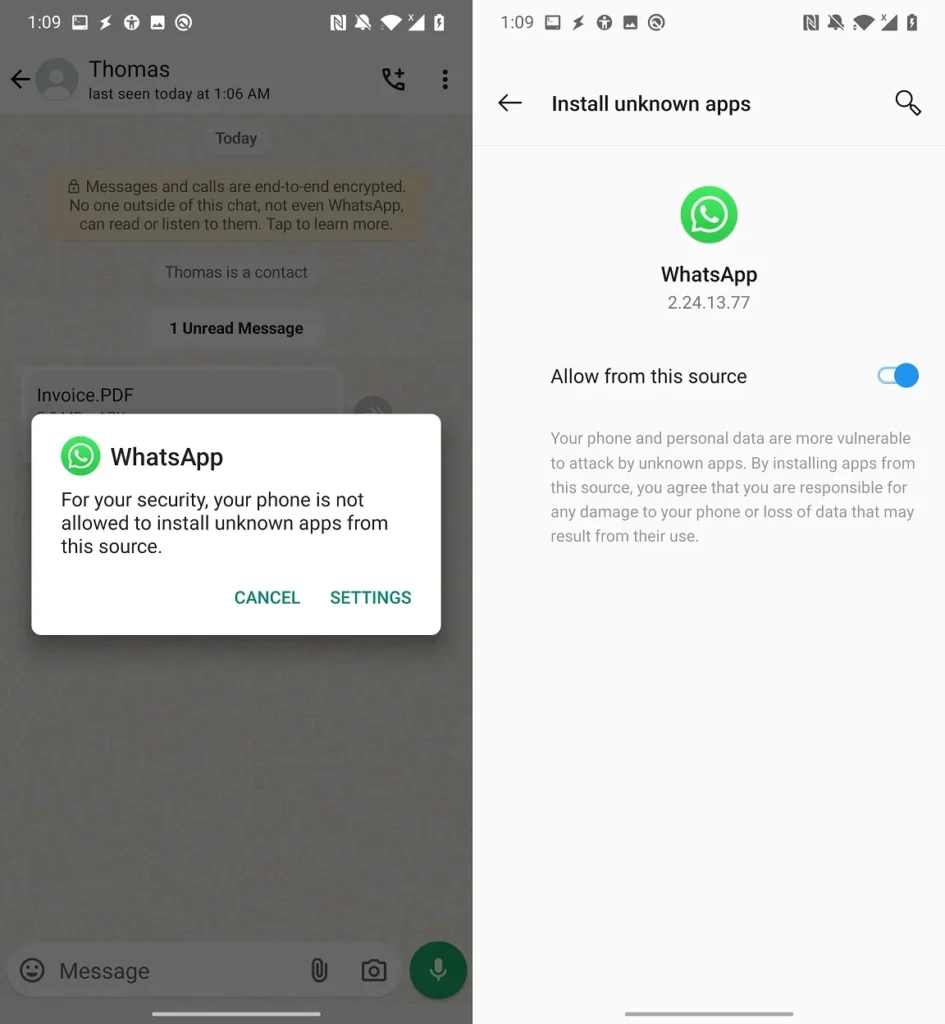 Figura 4. Permissão para o WhatsApp instalar aplicativos desconhecidos